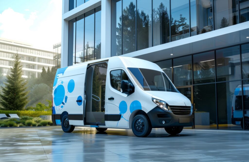 A delivery van outside a commercial building